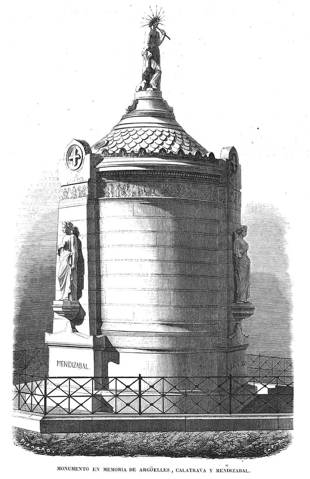 Grabado de 1857 del monumento a Argüelles, Calatrava y Mendizábal coronado por la Libertad